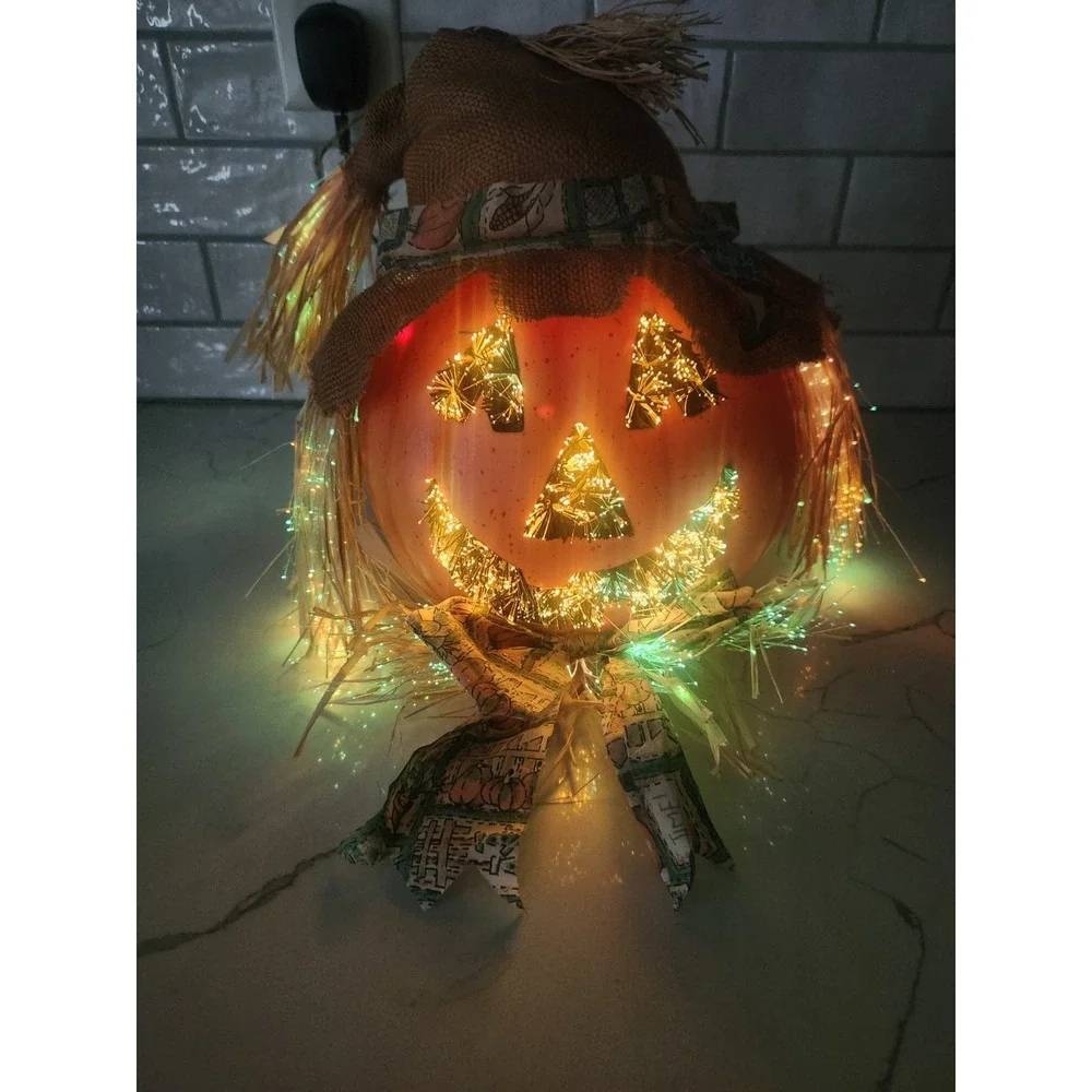 Vtg. Halloween Scarecrow Fall Pumpkin Fiber Optic Color Changing Jack O Lantern
